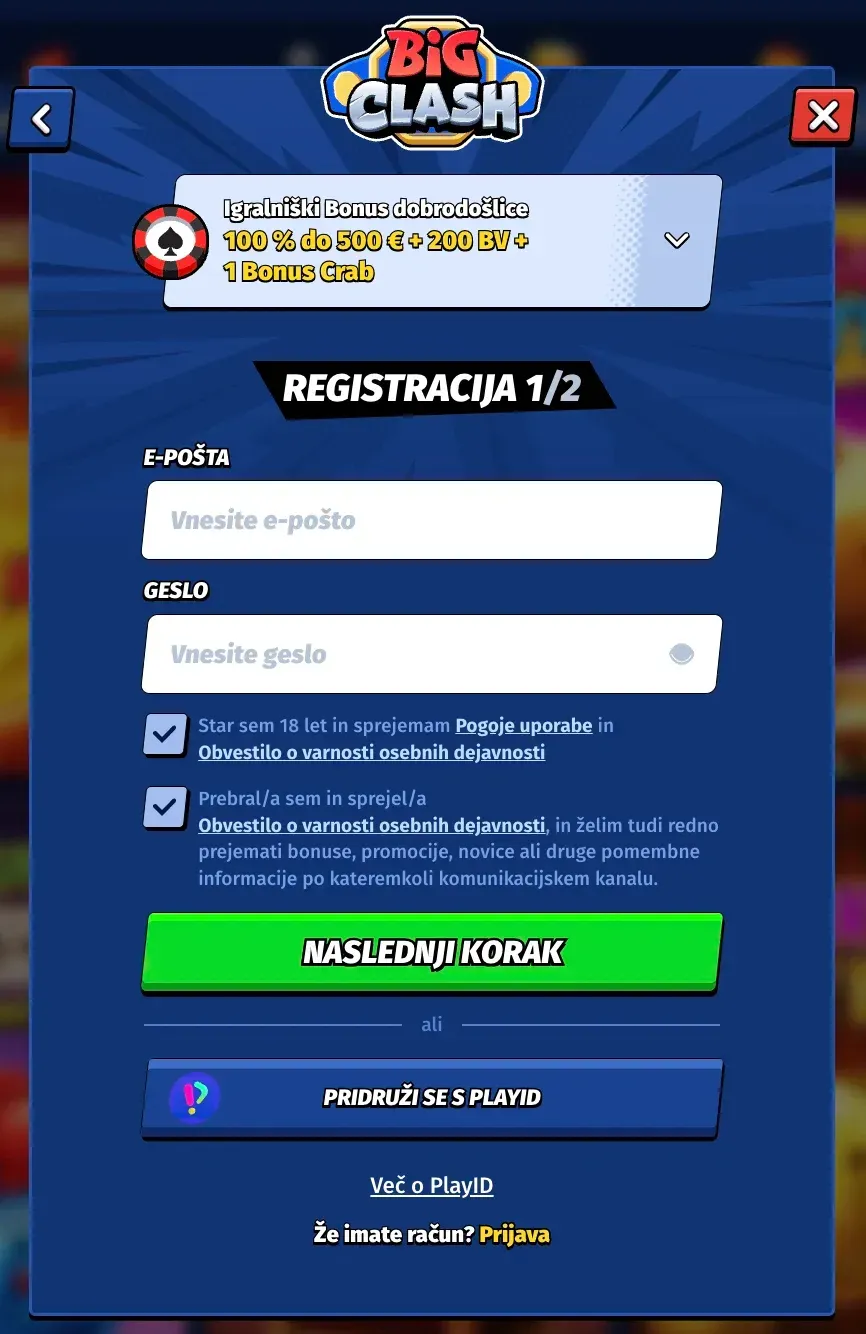Registracijski obrazec v Bigclash casino